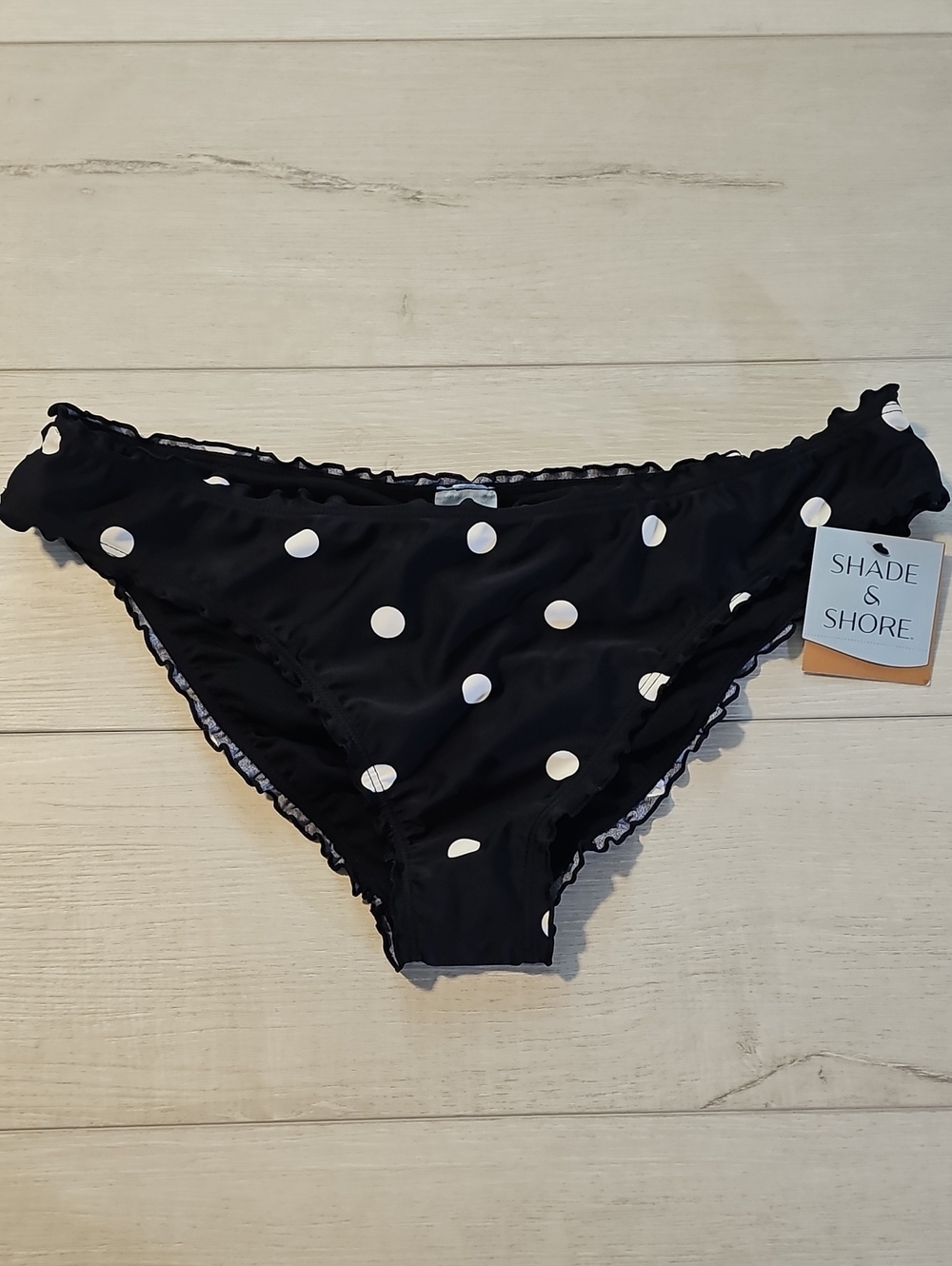 Shade & Shore Woman's L Black Polka Dot Swim Bottoms with Ruffled Edges